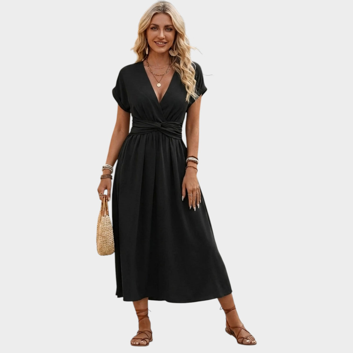 Women’s Wrap Midi Dress V-Neck Short Sleeves Ruched Waist