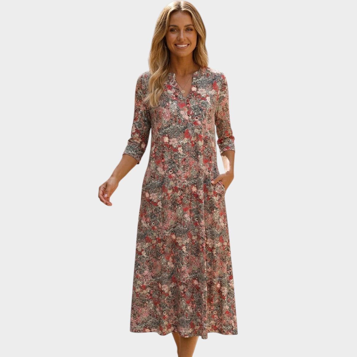 Women’s Floral Midi Dress V-Neck Three-Quarter Sleeves Side Pockets