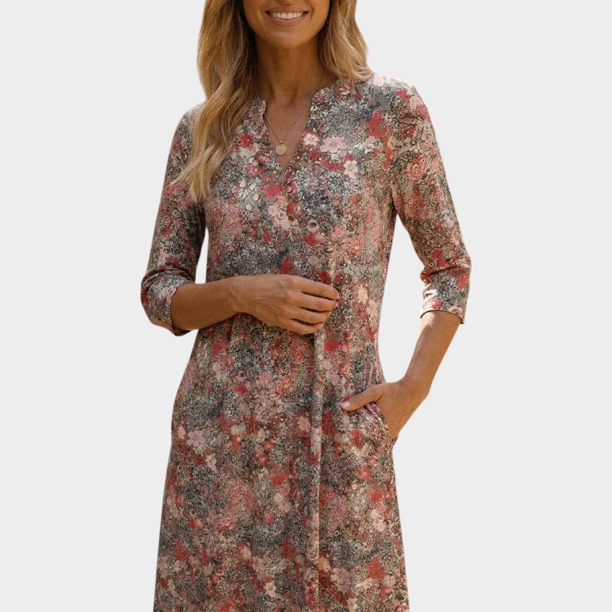 Women’s Floral Midi Dress V-Neck Three-Quarter Sleeves Side Pockets