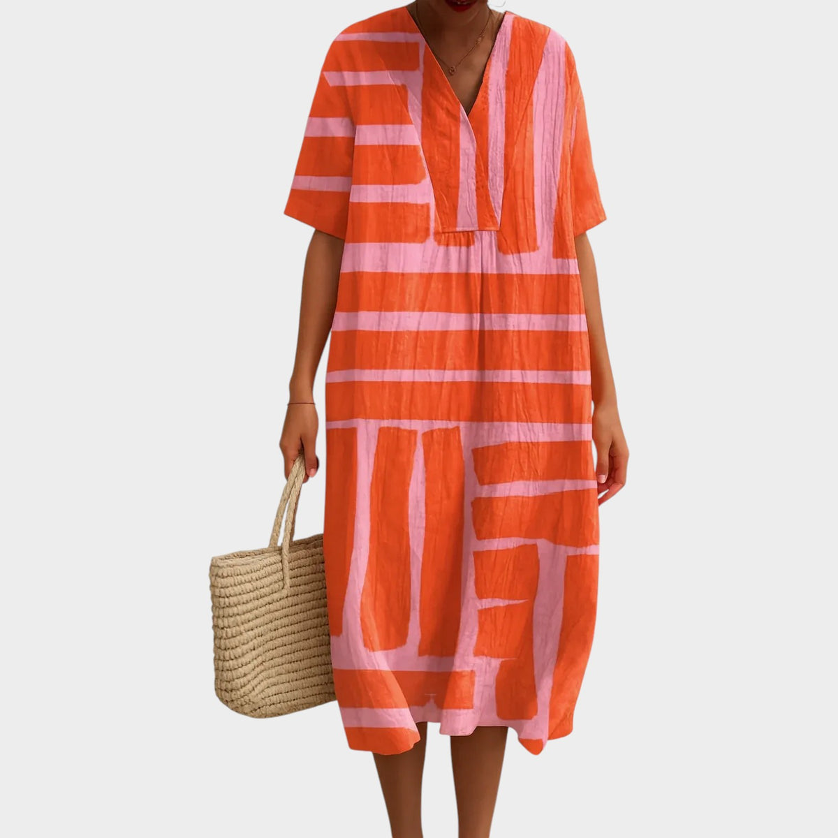 Women’s V-Neck Midi Dress Abstract Orange and Pink Stripe Pattern