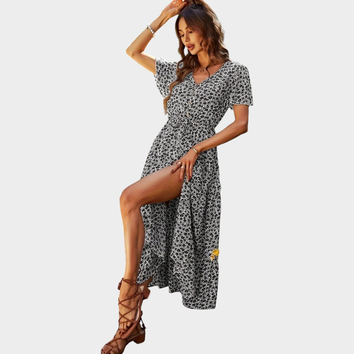 Women’s Floral Print Maxi Dress with V-Neckline, Short Sleeves and Button Front