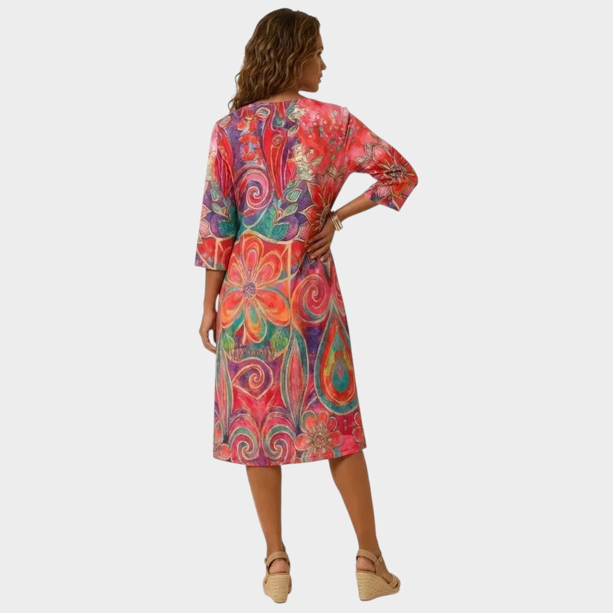 Women’s Floral Paisley Print Midi Dress with Three-Quarter Sleeves