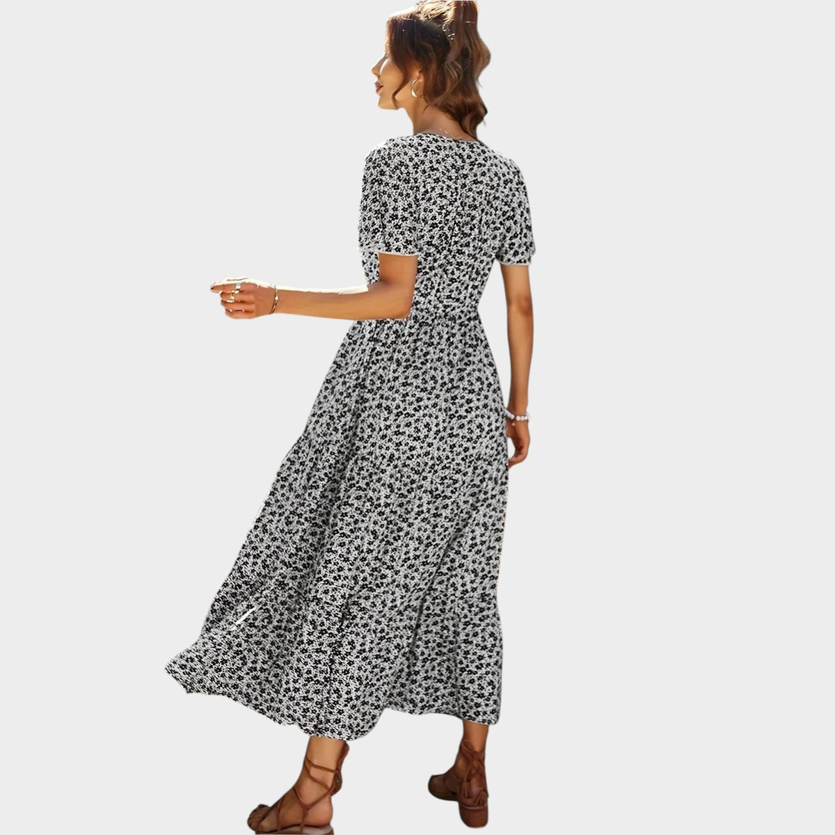 Women’s Floral Print Maxi Dress with V-Neckline, Short Sleeves and Button Front