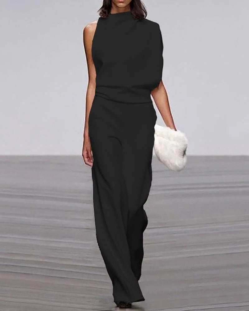 Ivory Women's Sleeveless Wide Leg Jumpsuit with Mock Neck - Formal Attire