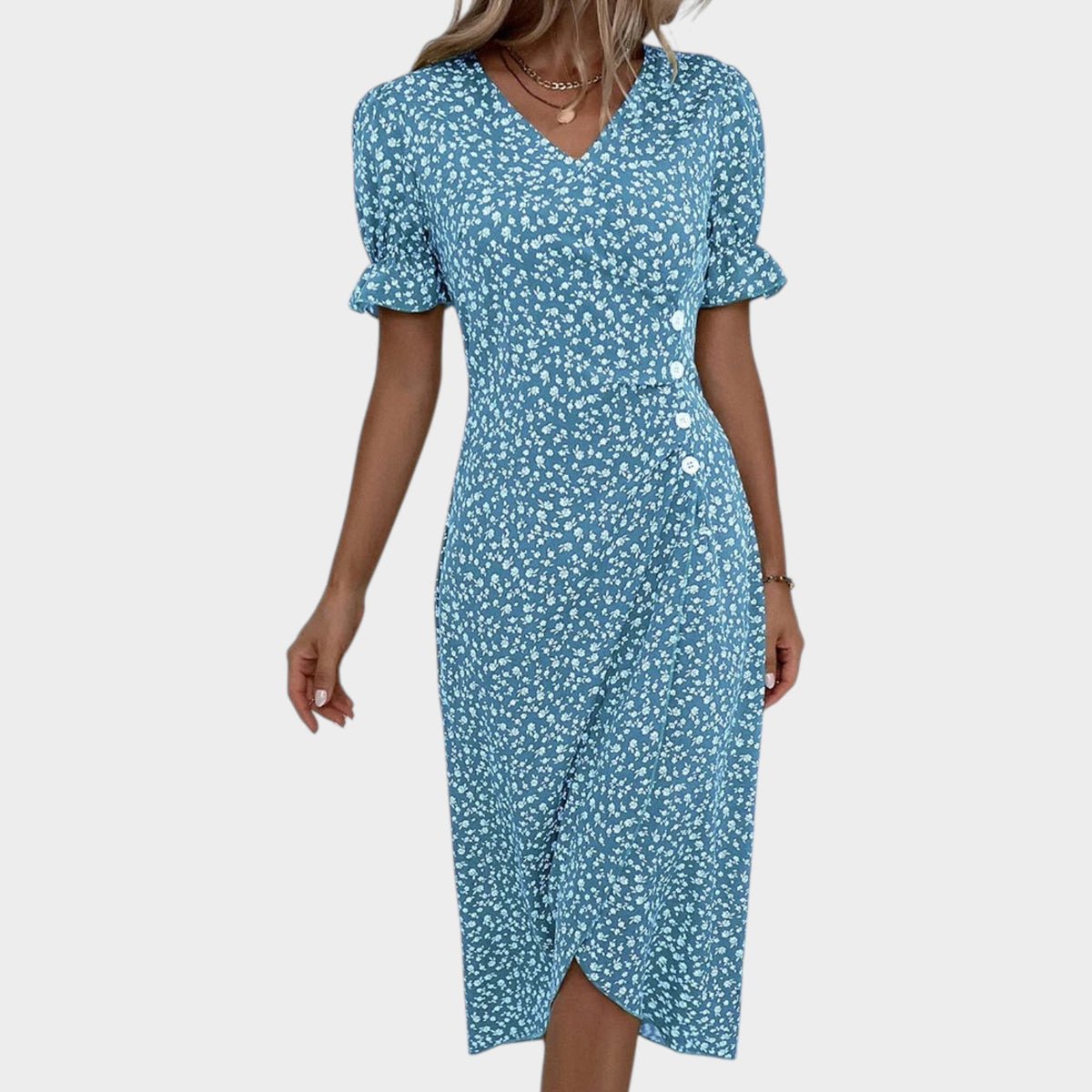 Women’s Floral Midi Dress V-Neck Short Ruffle Sleeves Wrap Front