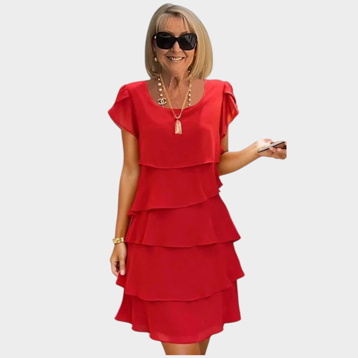 Women’s Layered Chiffon Midi Dress with Short Sleeves