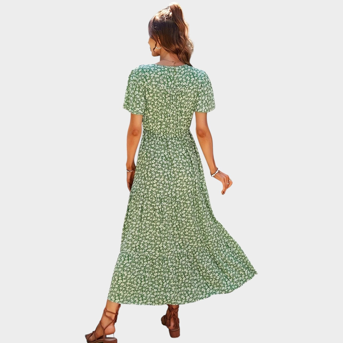 Women’s Floral Print Maxi Dress with V-Neckline, Short Sleeves and Button Front