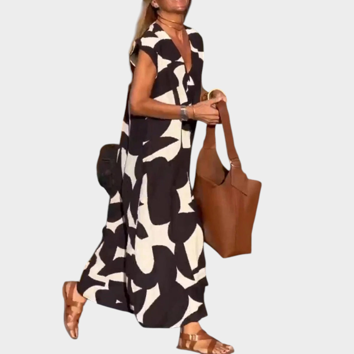Women’s Abstract Print Maxi Dress with V-Neck and Short Sleeves