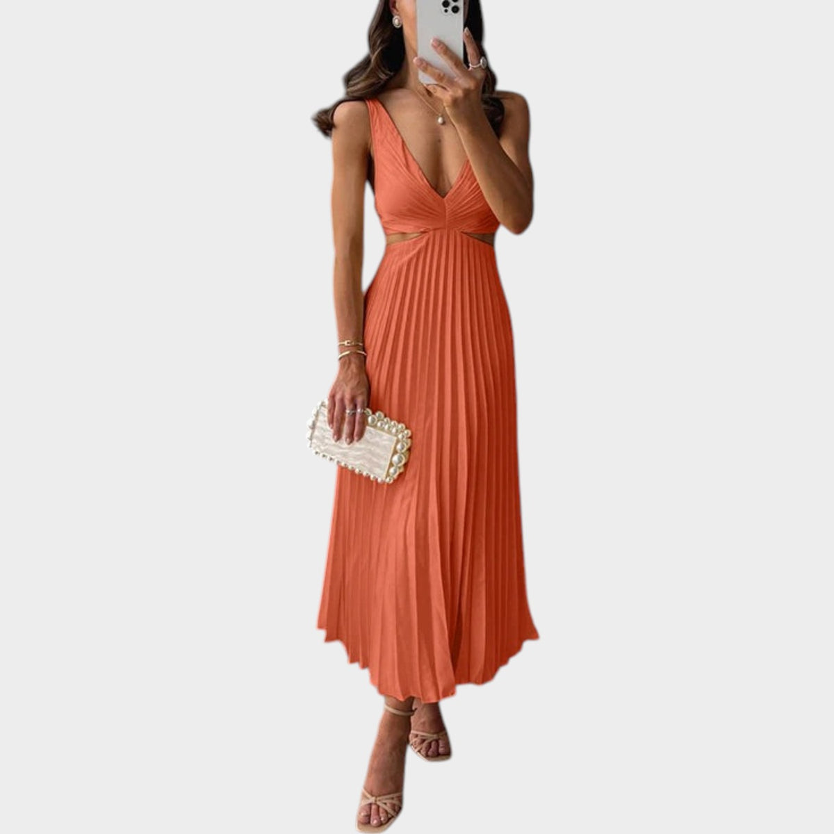 Women’s Pleated Maxi Dress Sleeveless V-Neck Ruched Waist