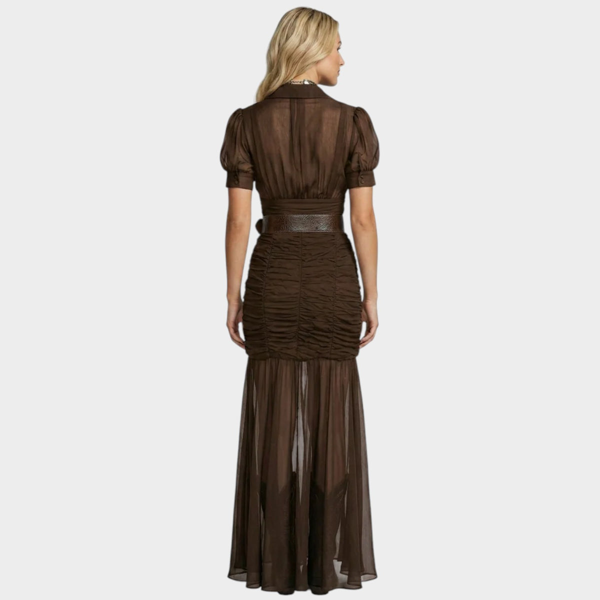 Women’s Chiffon Maxi Dress with Lapel Collar and Ruched Skirt