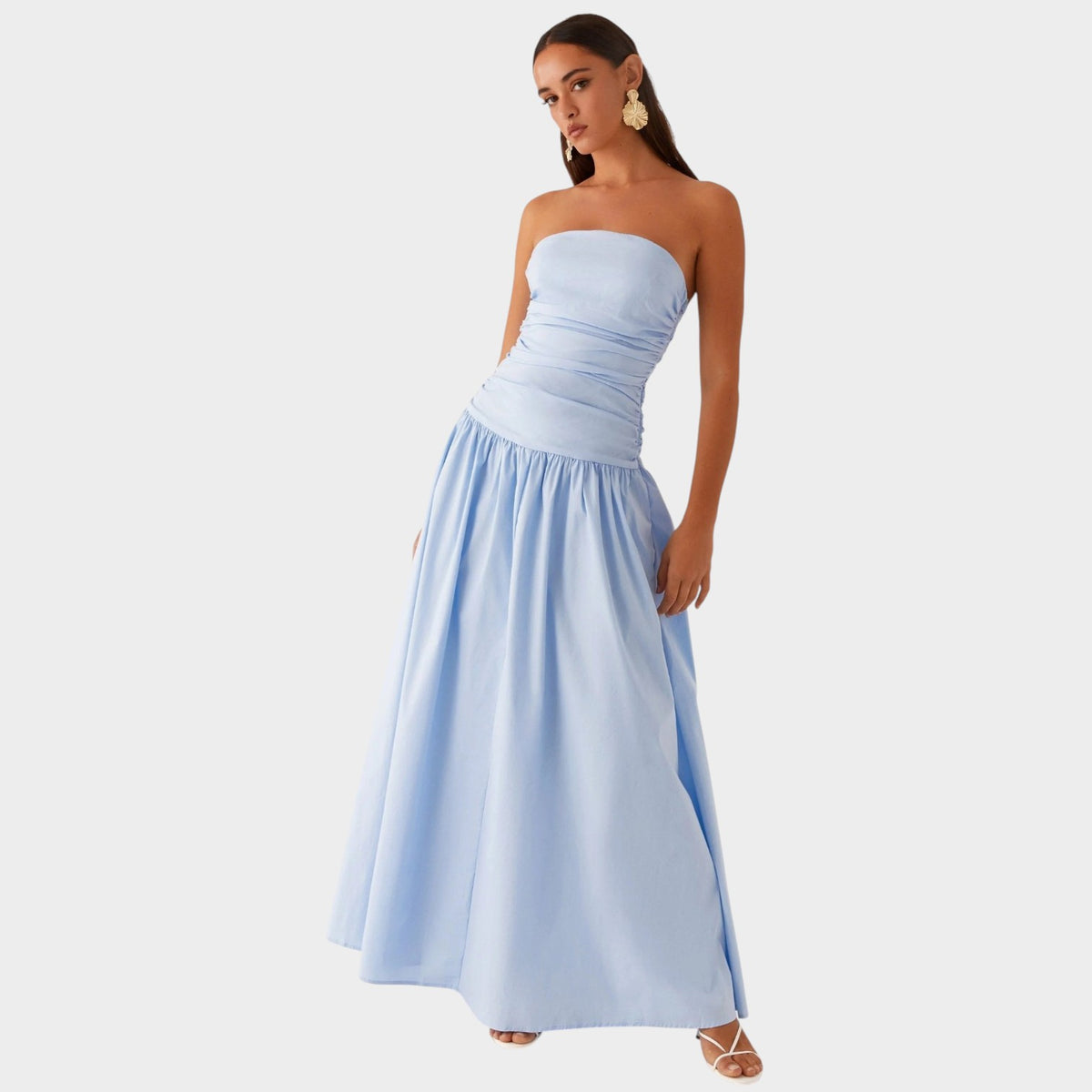 Women’s Strapless Maxi Dress with Ruched Bodice Flowing Skirt