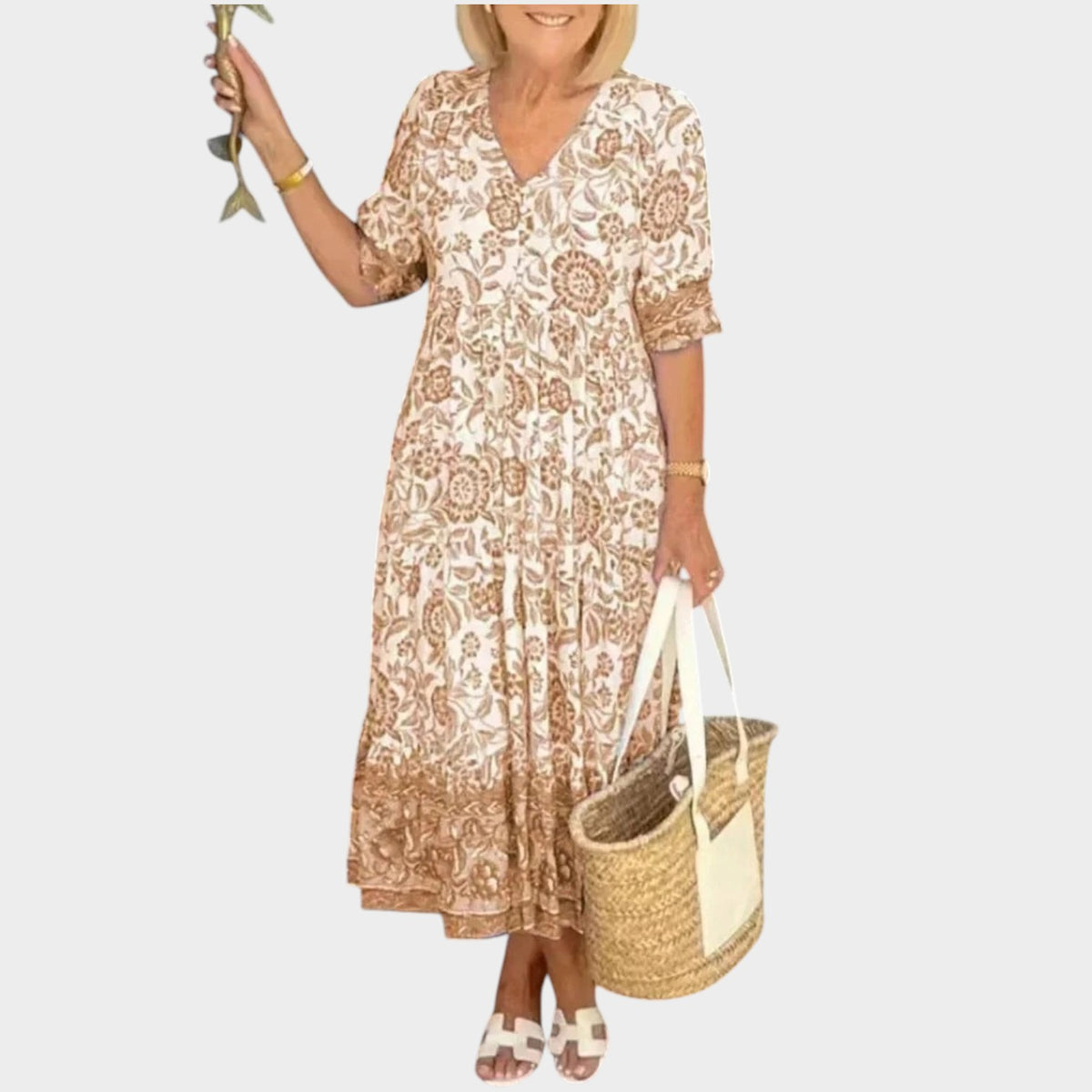 Women’s Floral Maxi Dress with V-Neckline and Relaxed Fit