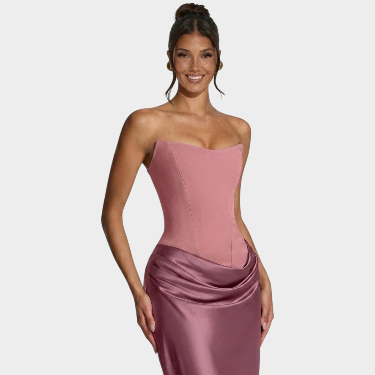 Women’s Strapless Satin Maxi Dress with Structured Bodice and Draped Skirt