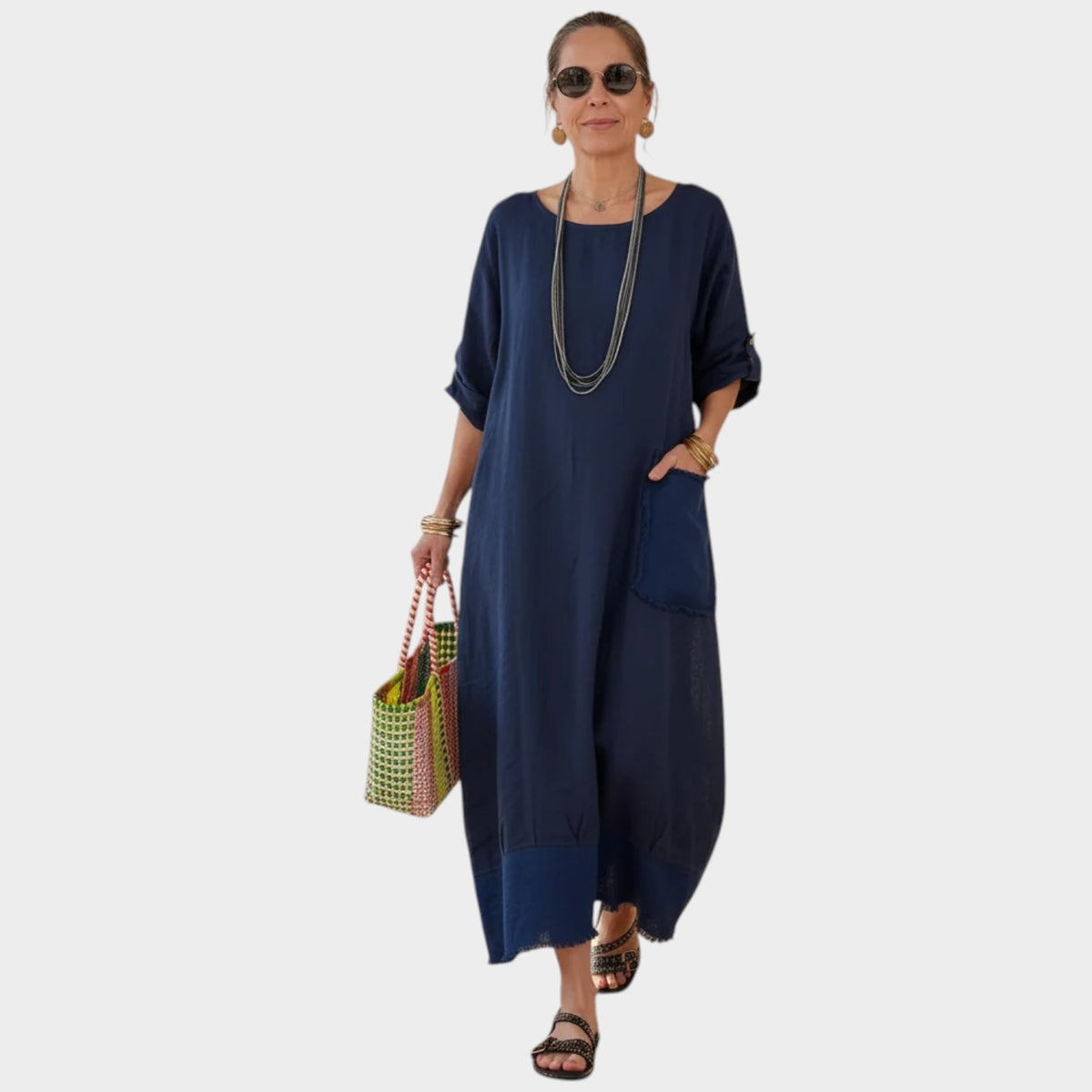 Women’s Oversized Maxi Dress with Rolled Sleeves and Side Patch Pocket