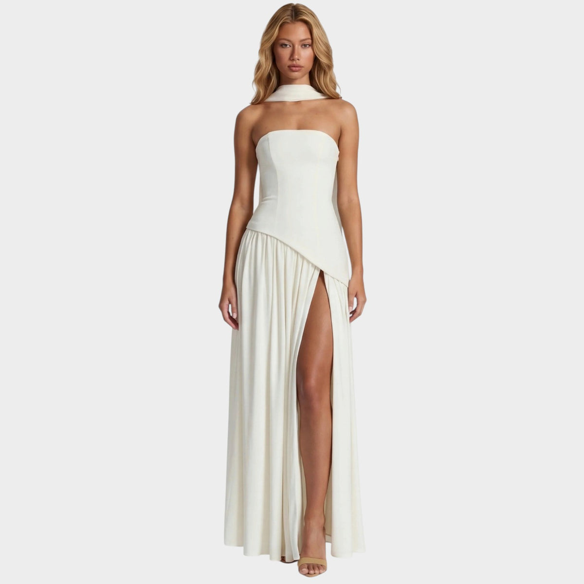 Women’s Strapless Maxi Dress with Draped Scarf Detail and High Slit