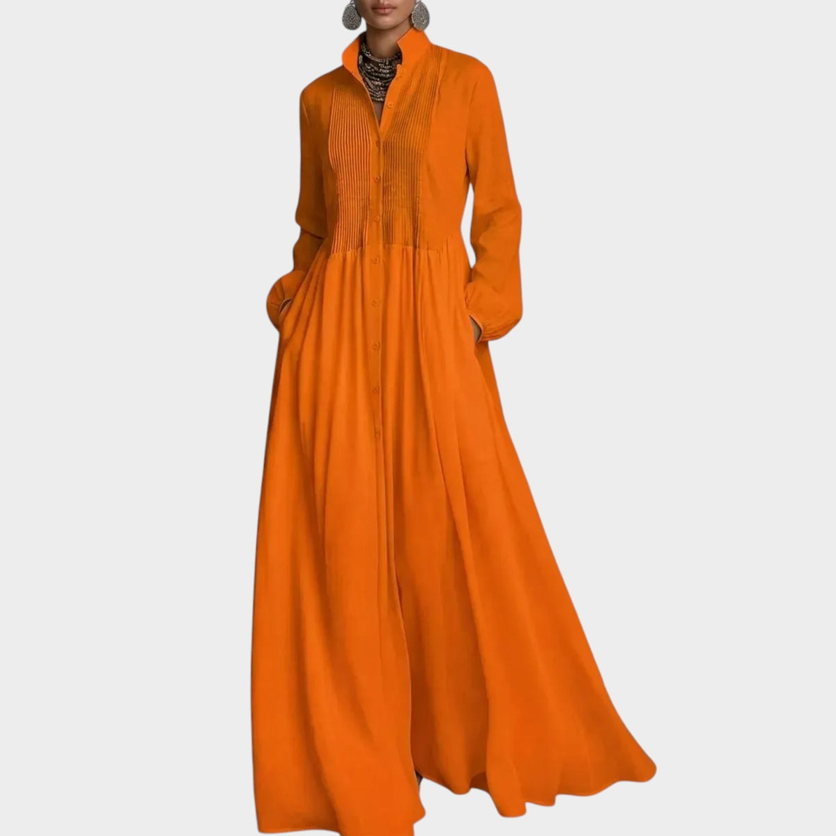 Women’s Long Sleeve Maxi Shirt Dress with Pintuck Detailing and Pockets