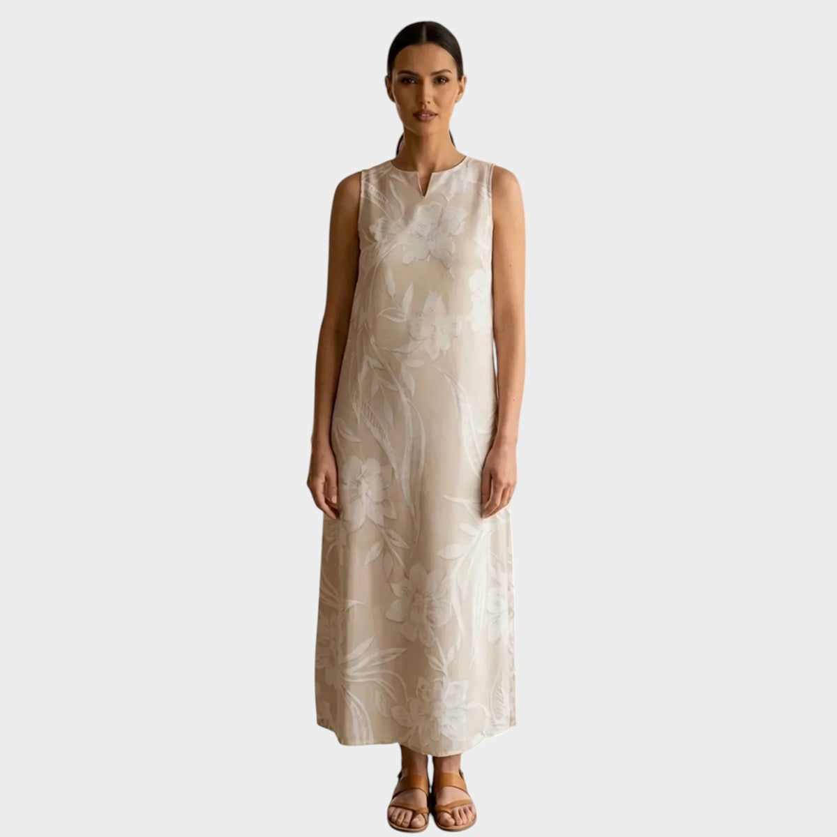 Women’s Maxi Dress Floral Embroidered Sleeveless with Notched Neckline
