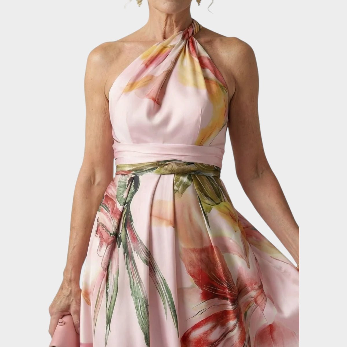 Women’s Floral Maxi Dress with Halter Neckline and Defined Waist