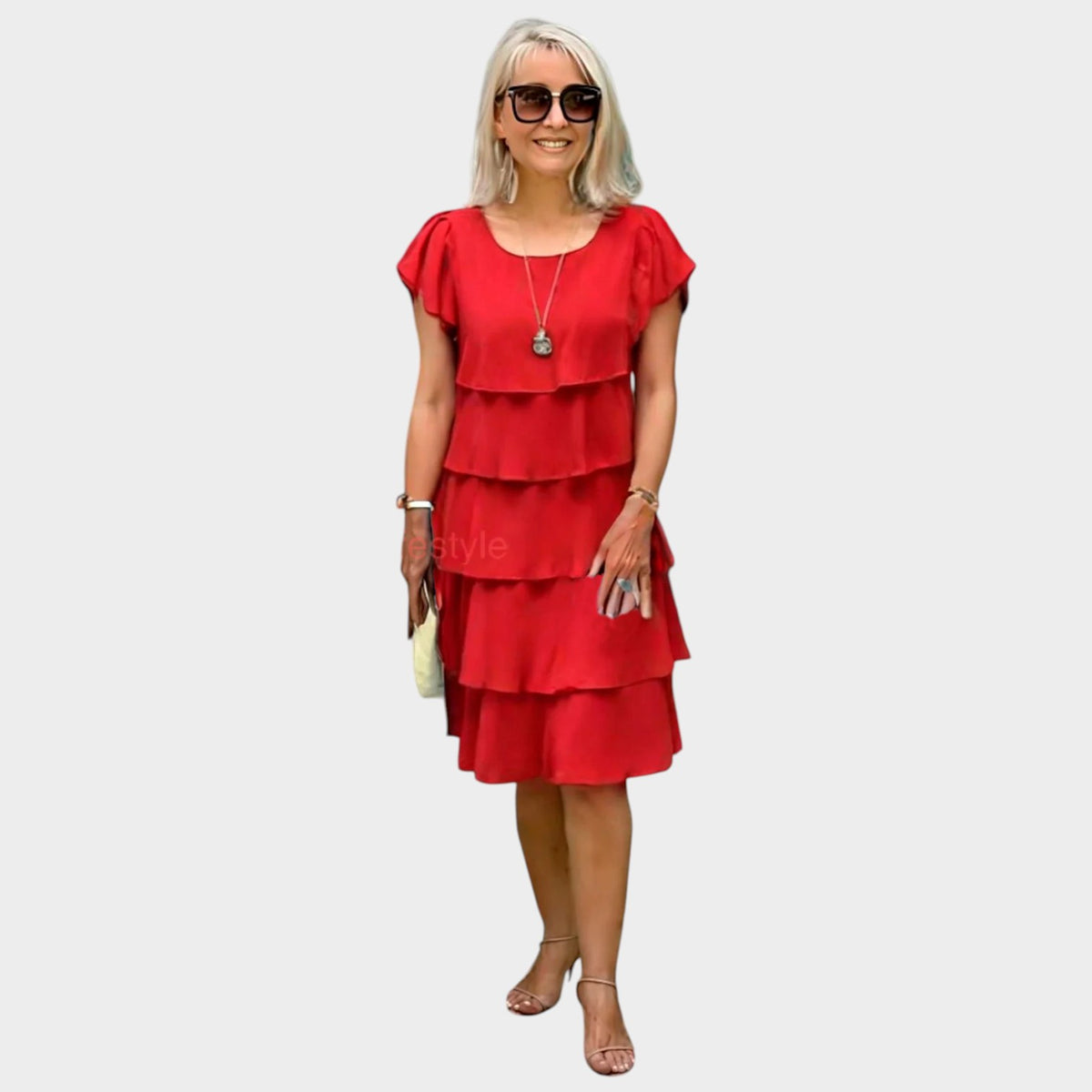 Women’s Layered Chiffon Midi Dress with Short Sleeves