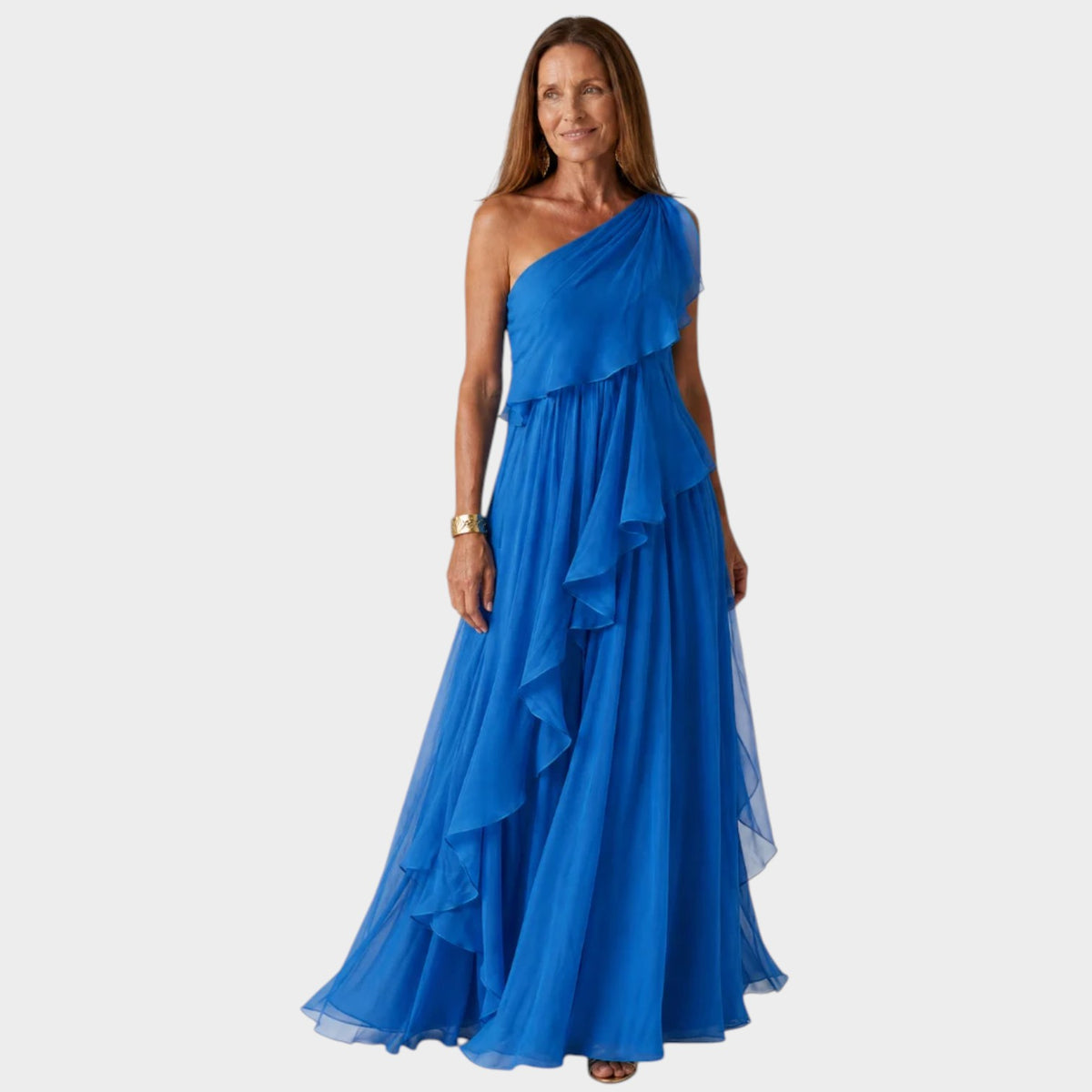 Women’s One-Shoulder Maxi Dress with Cascading Ruffles and Defined Waist