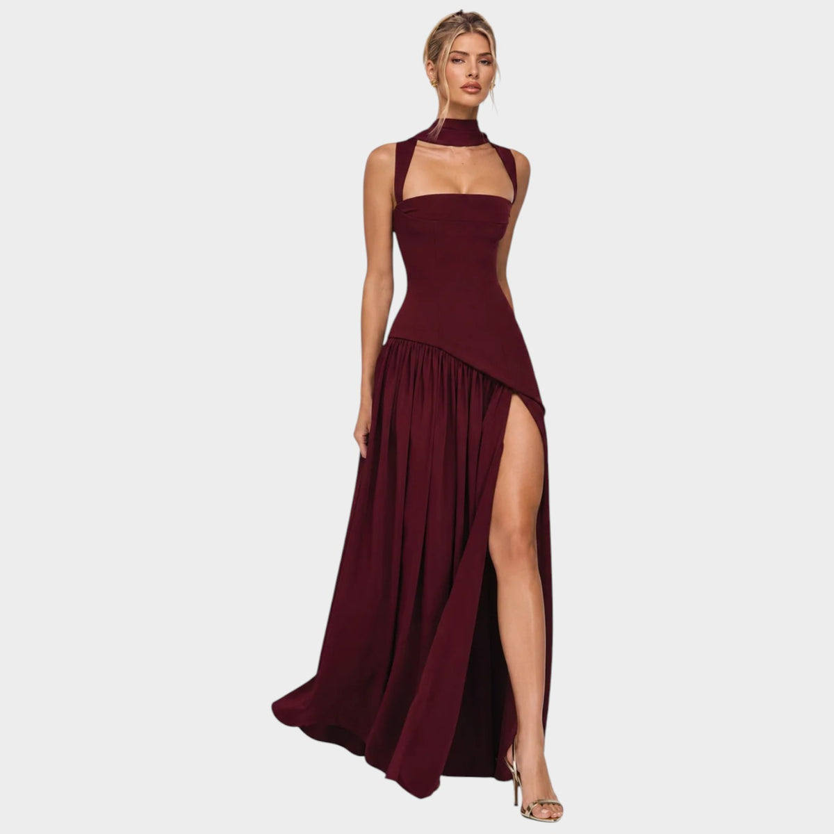 Women’s Strapless Maxi Evening Dress with Draped Bodice and High Slit