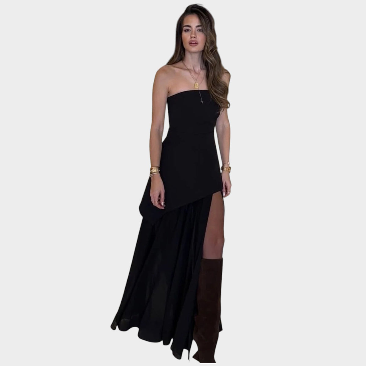 Women’s Strapless Mesh Maxi Dress with Asymmetric Hem