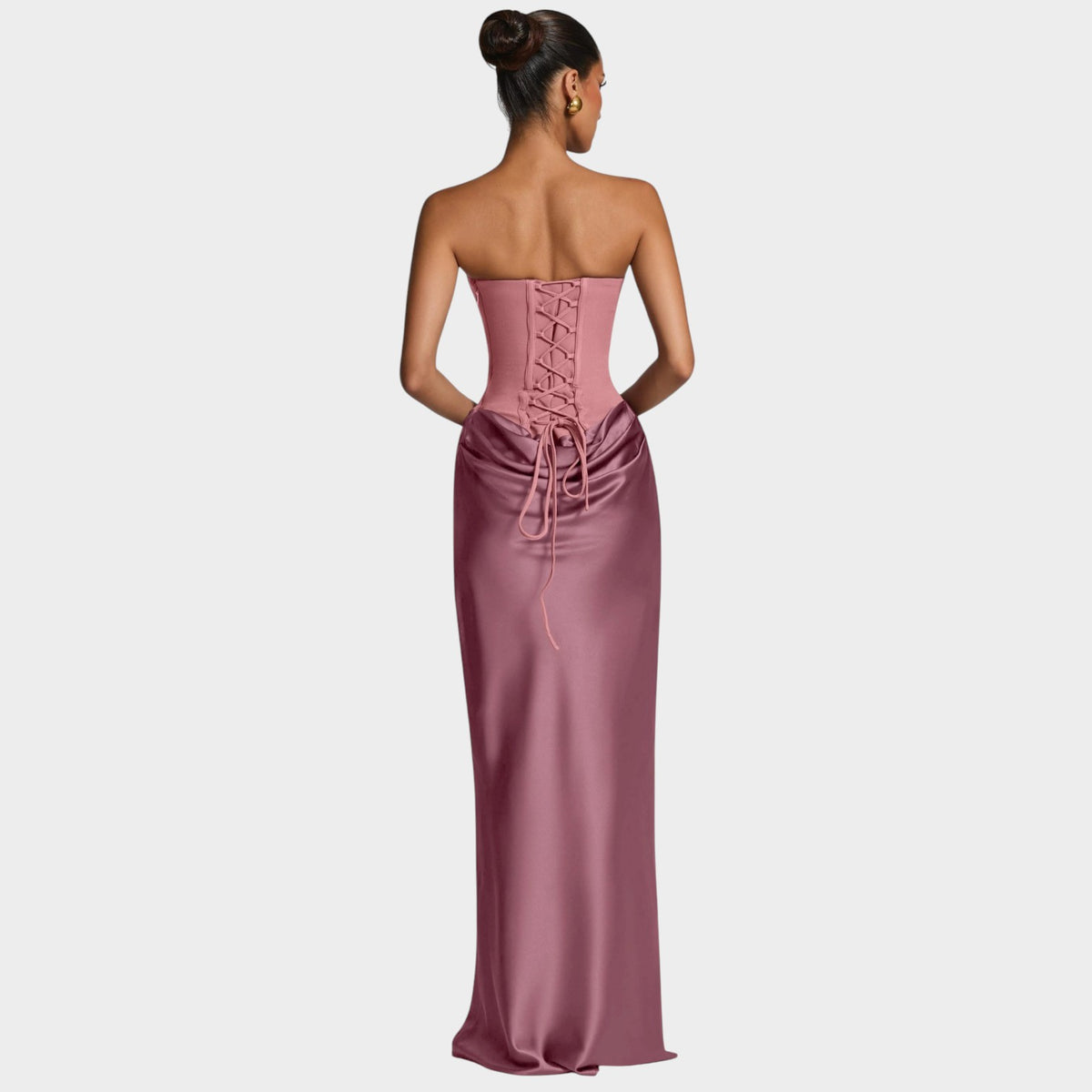 Women’s Strapless Satin Maxi Dress with Structured Bodice and Draped Skirt