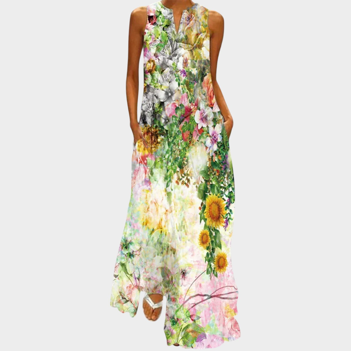 Women’s Sleeveless Maxi Dress with V-Neck, A-Line Fit and Printed Design