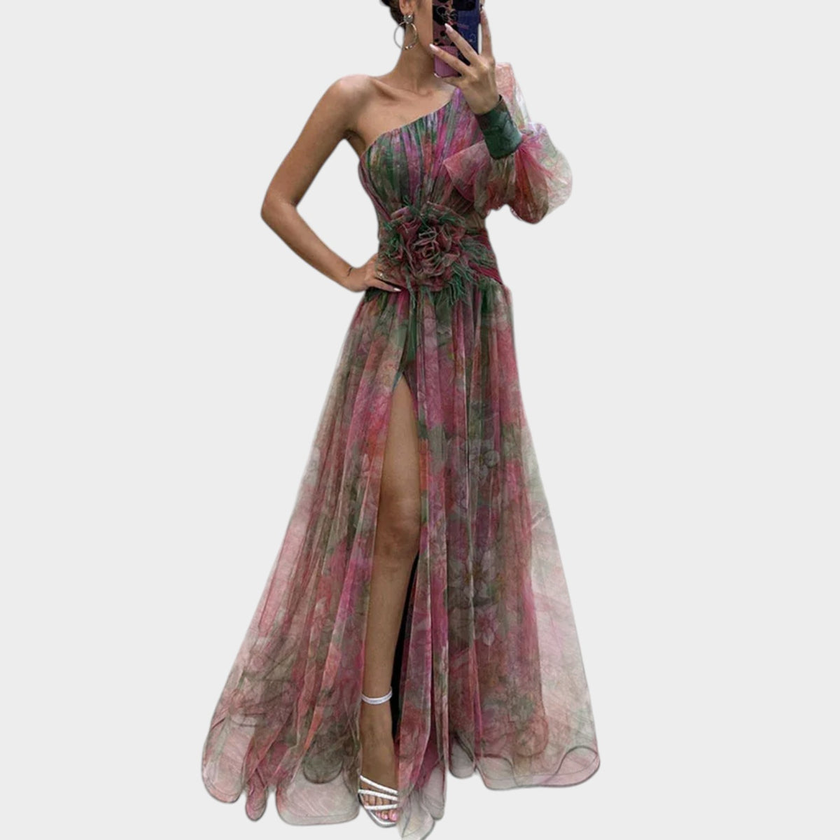 Women’s One-Shoulder Maxi Dress with Sheer Overlay, Floral Print and High Side Slit