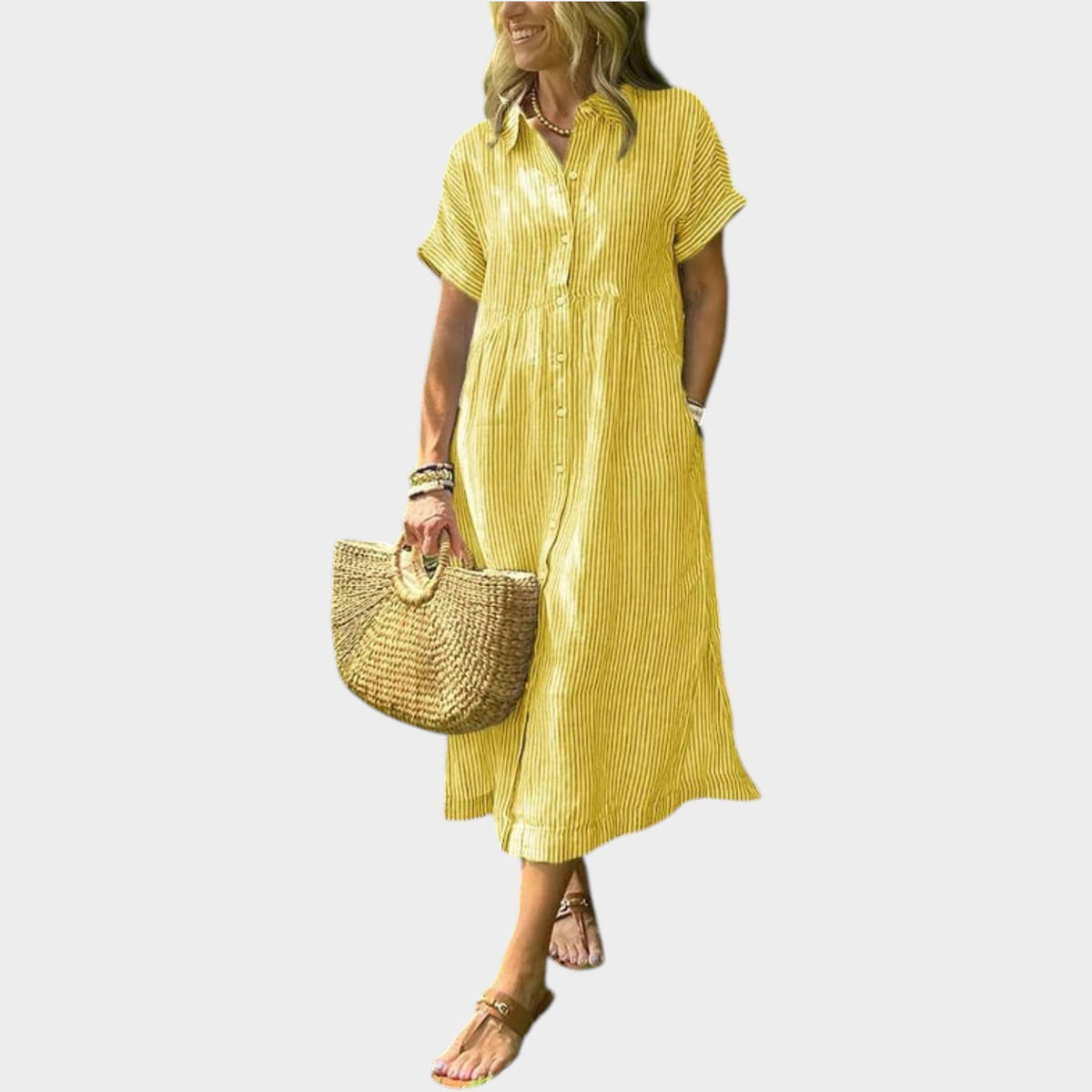 Women’s Striped Maxi Shirt Dress Lapel Collar Button Front