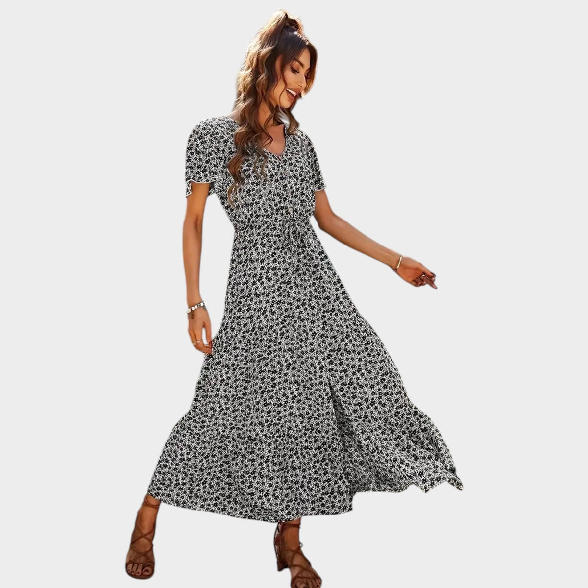 Women’s Floral Print Maxi Dress with V-Neckline, Short Sleeves and Button Front