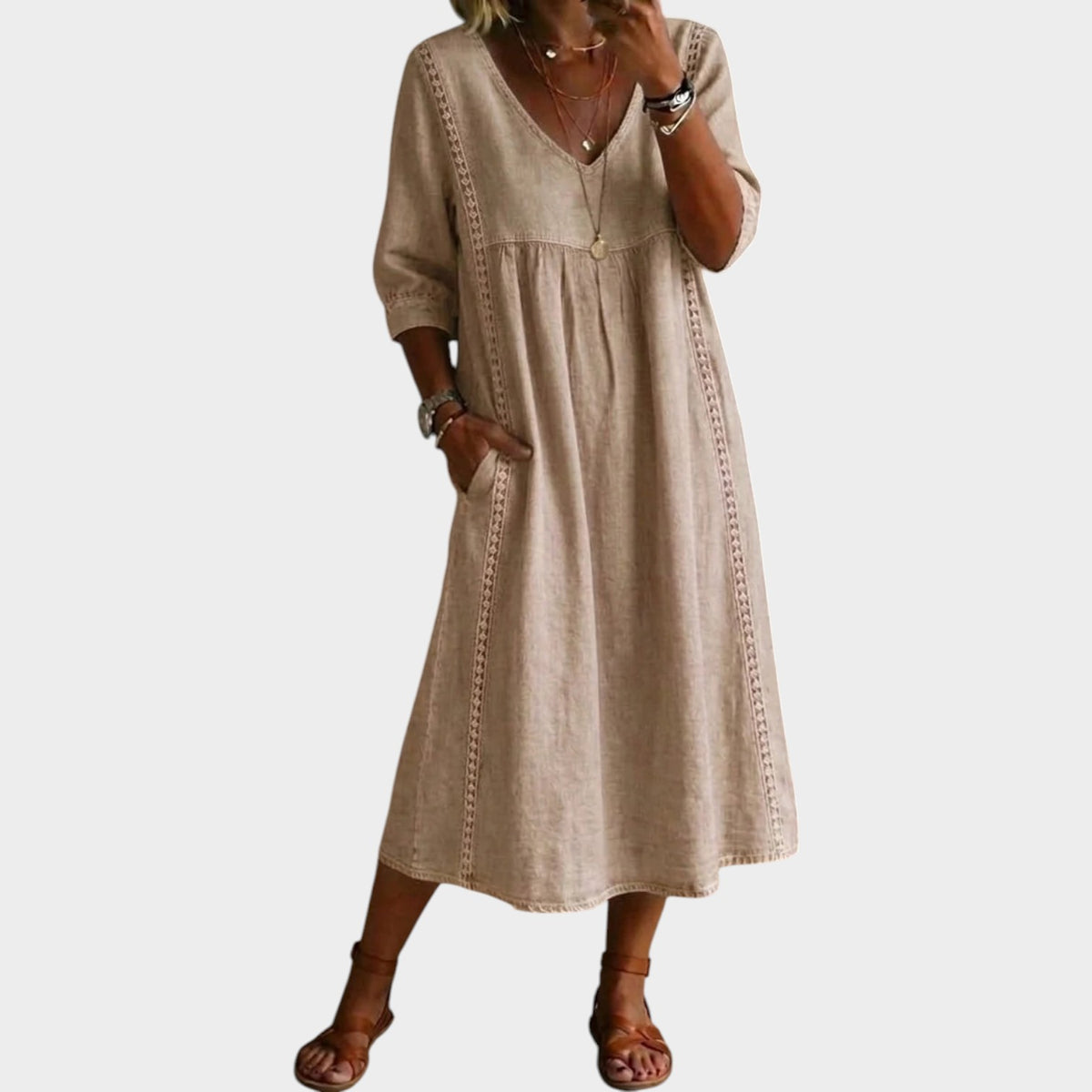 Women’s A-Line Midi Dress with V-Neck, Three-Quarter Sleeves and Lace Trim