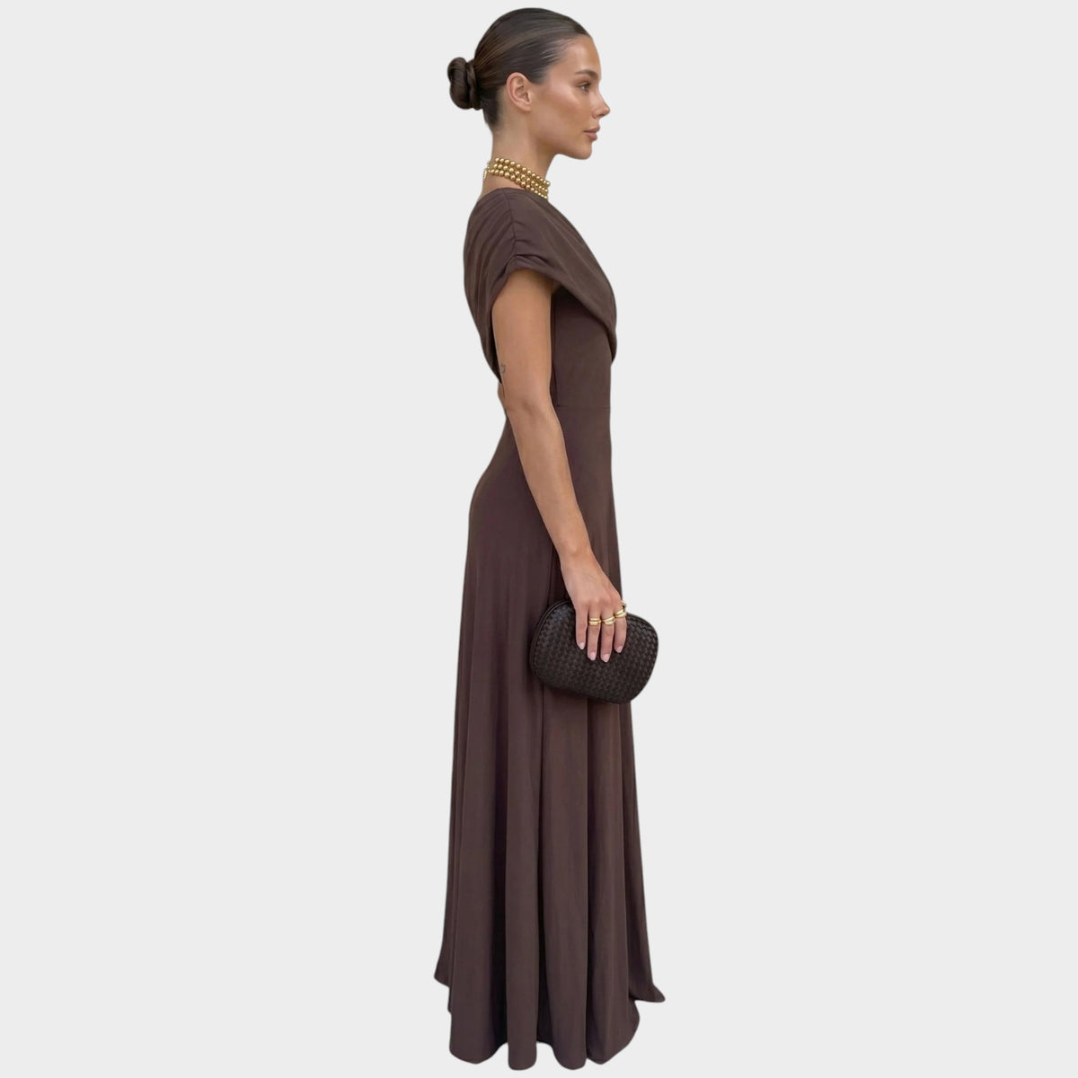 Women’s Off-Shoulder Maxi Dress with Draped Neckline and Flowing Skirt
