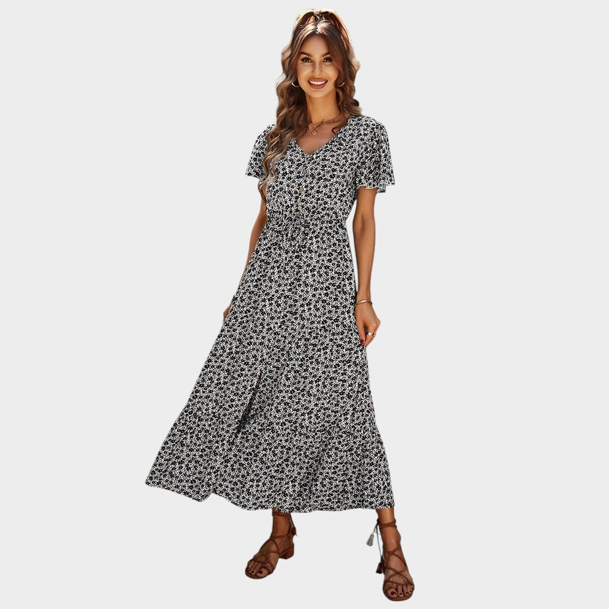 Women’s Floral Print Maxi Dress with V-Neckline, Short Sleeves and Button Front