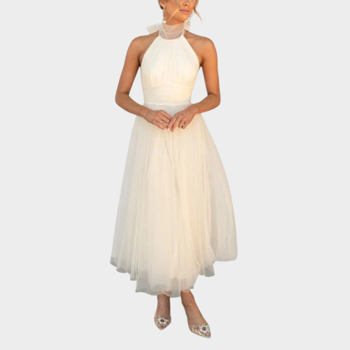 Women’s Halter Neck Midi Dress with Tulle Full Skirt