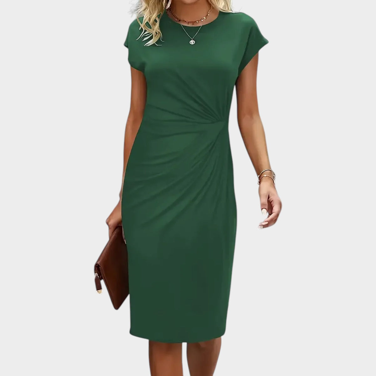 Women’s Midi Dress with Round Neck and Ruched Waist Detail
