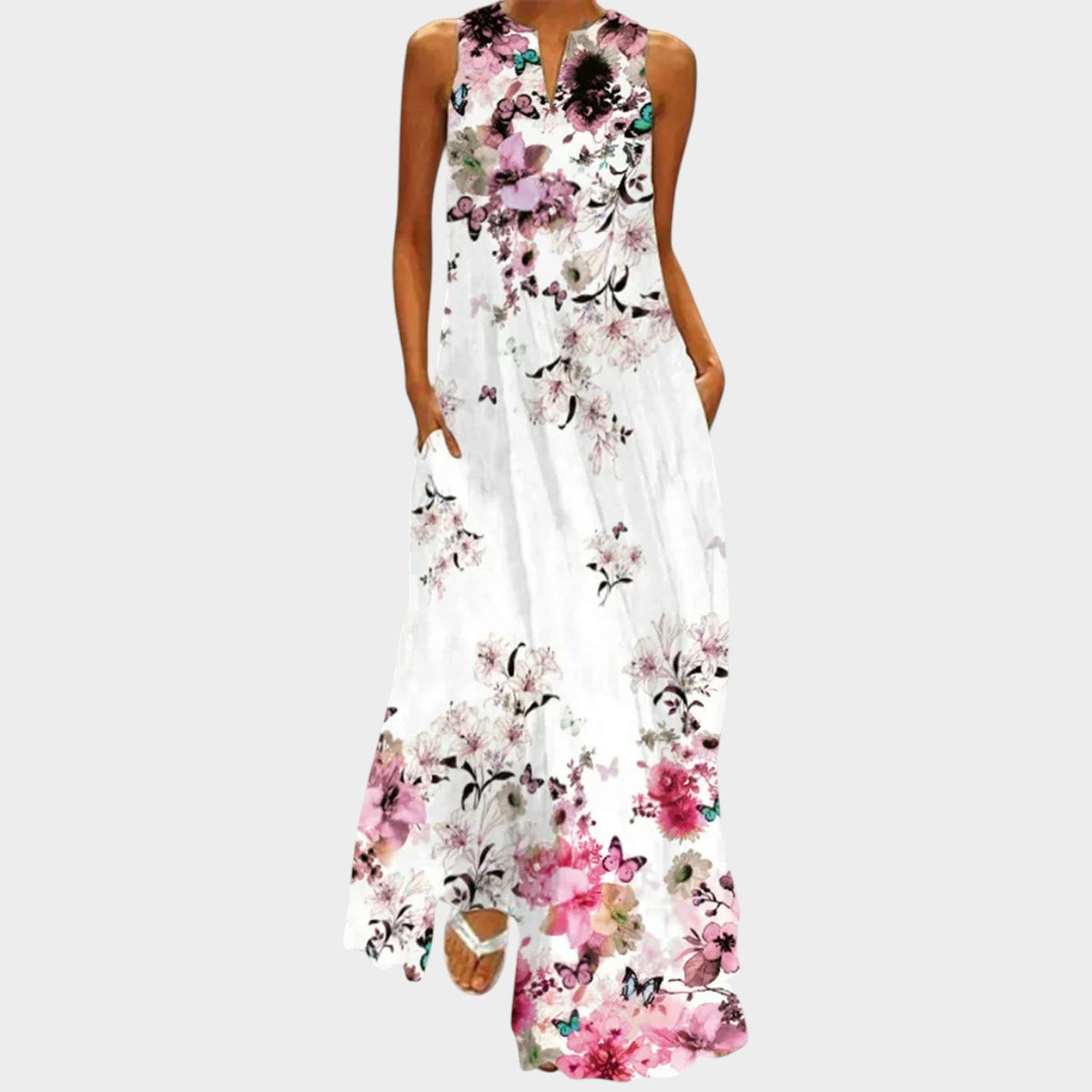 Women’s Sleeveless Maxi Dress with V-Neck, A-Line Fit and Printed Design