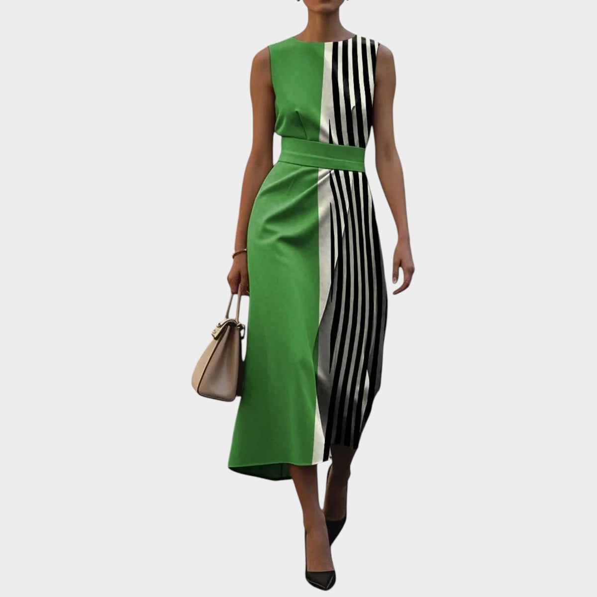 Women’s Sleeveless Midi Dress with Floral Pattern and Waist Detail