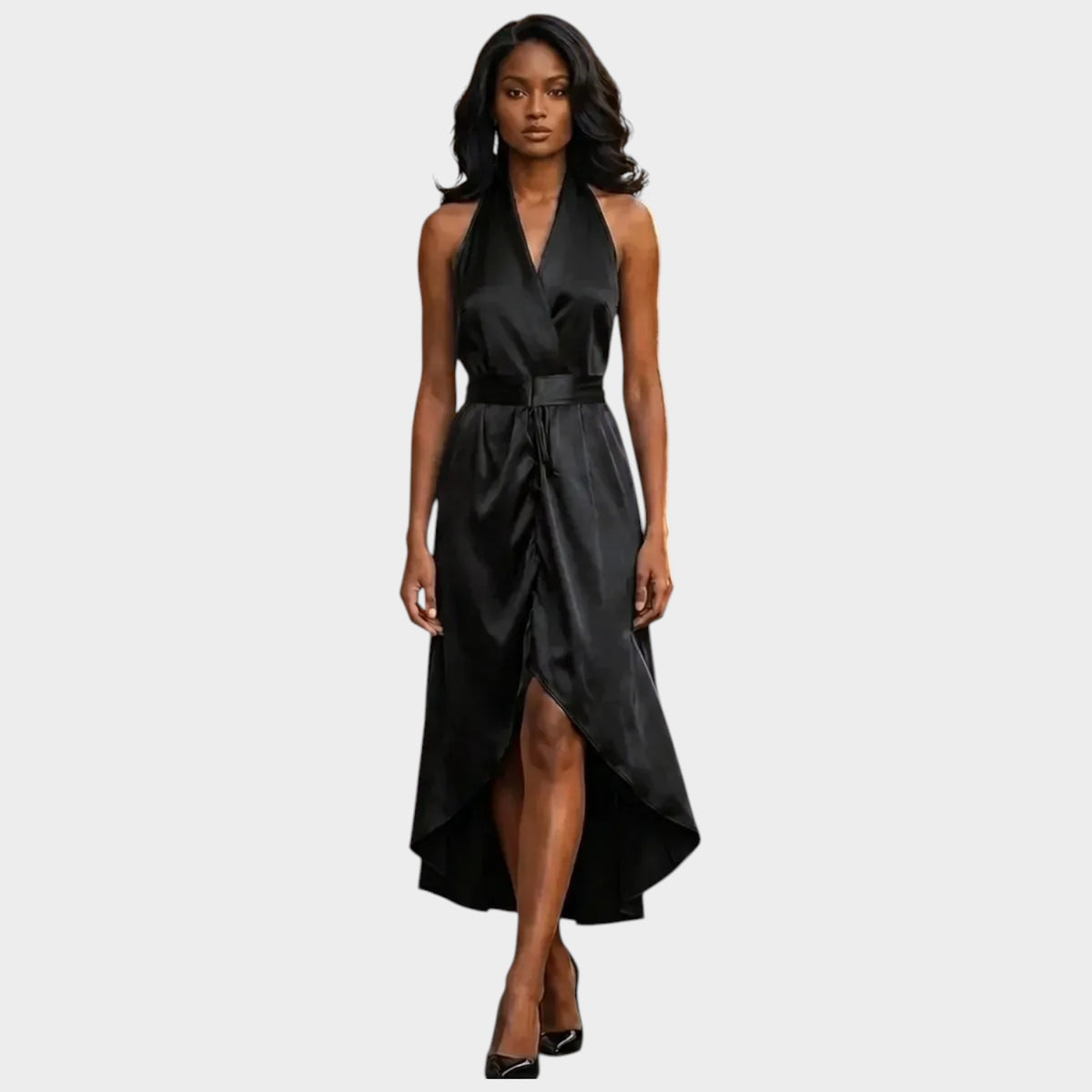Women’s Formal Maxi Dress with Wrap Waist and High-Low Hem