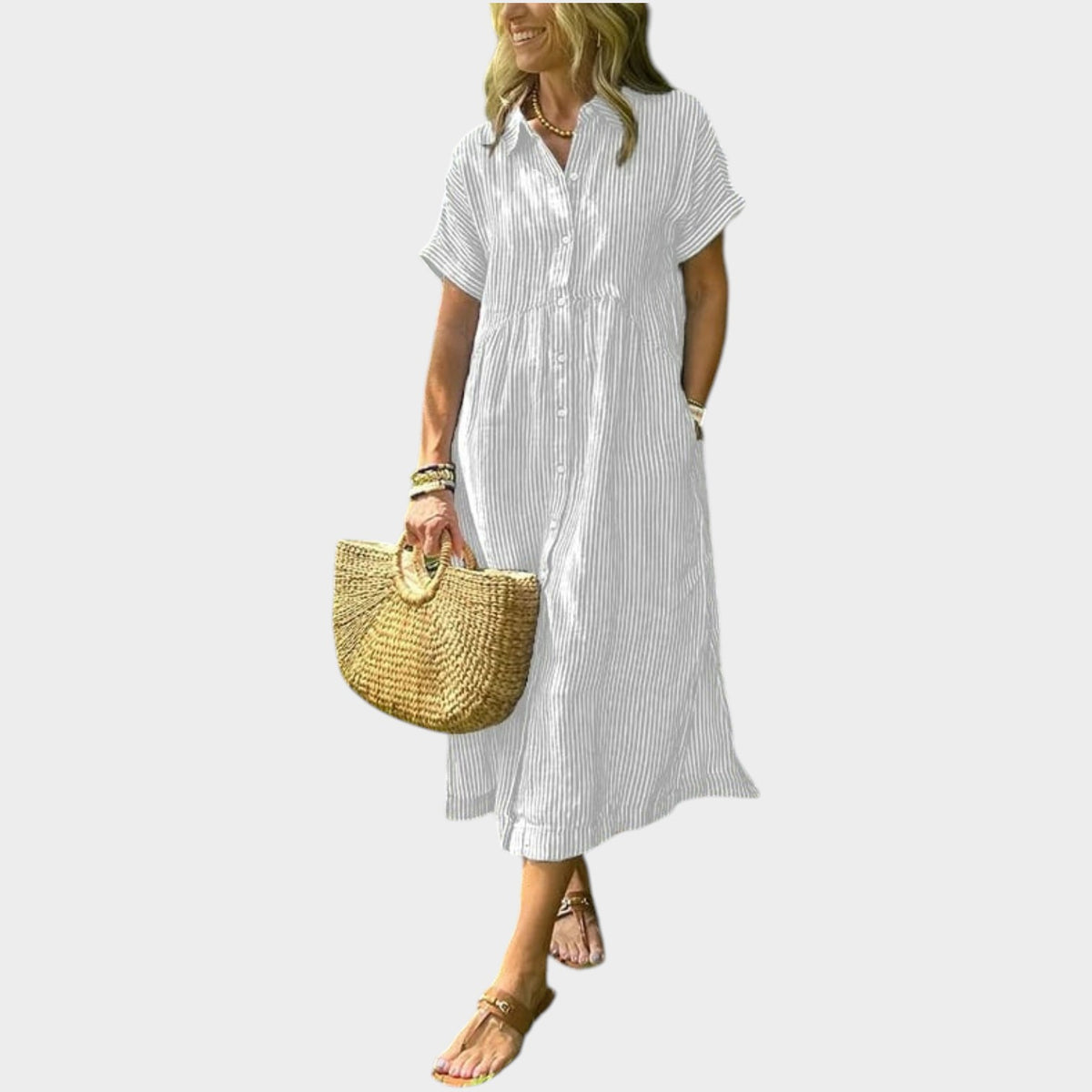 Women’s Striped Maxi Shirt Dress Lapel Collar Button Front