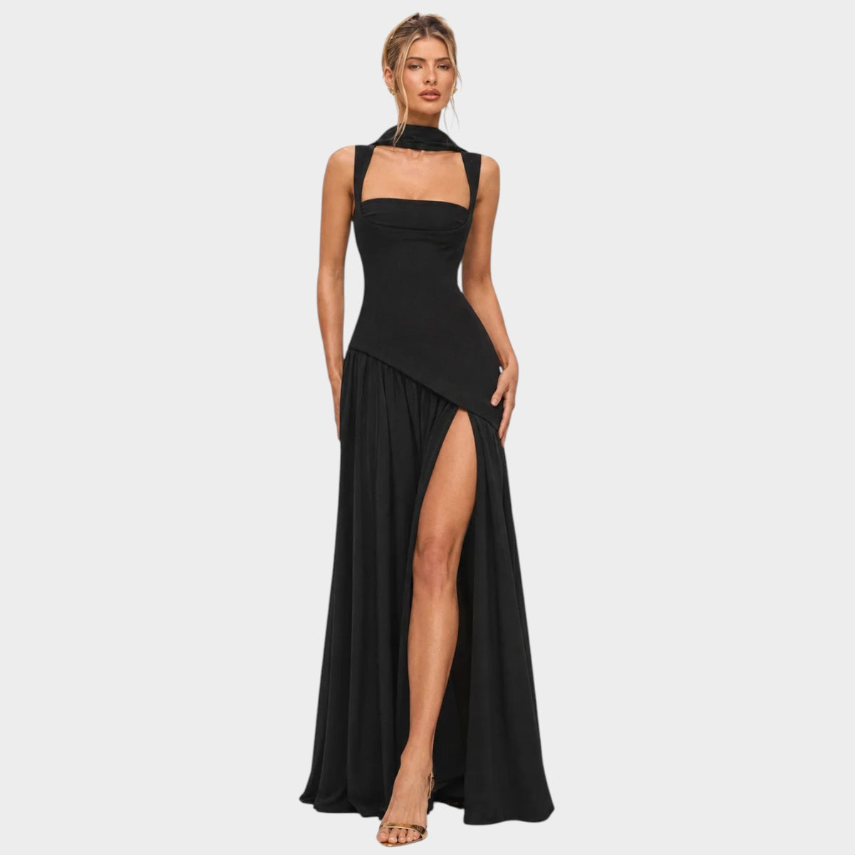 Women’s Strapless Maxi Evening Dress with Draped Bodice and High Slit
