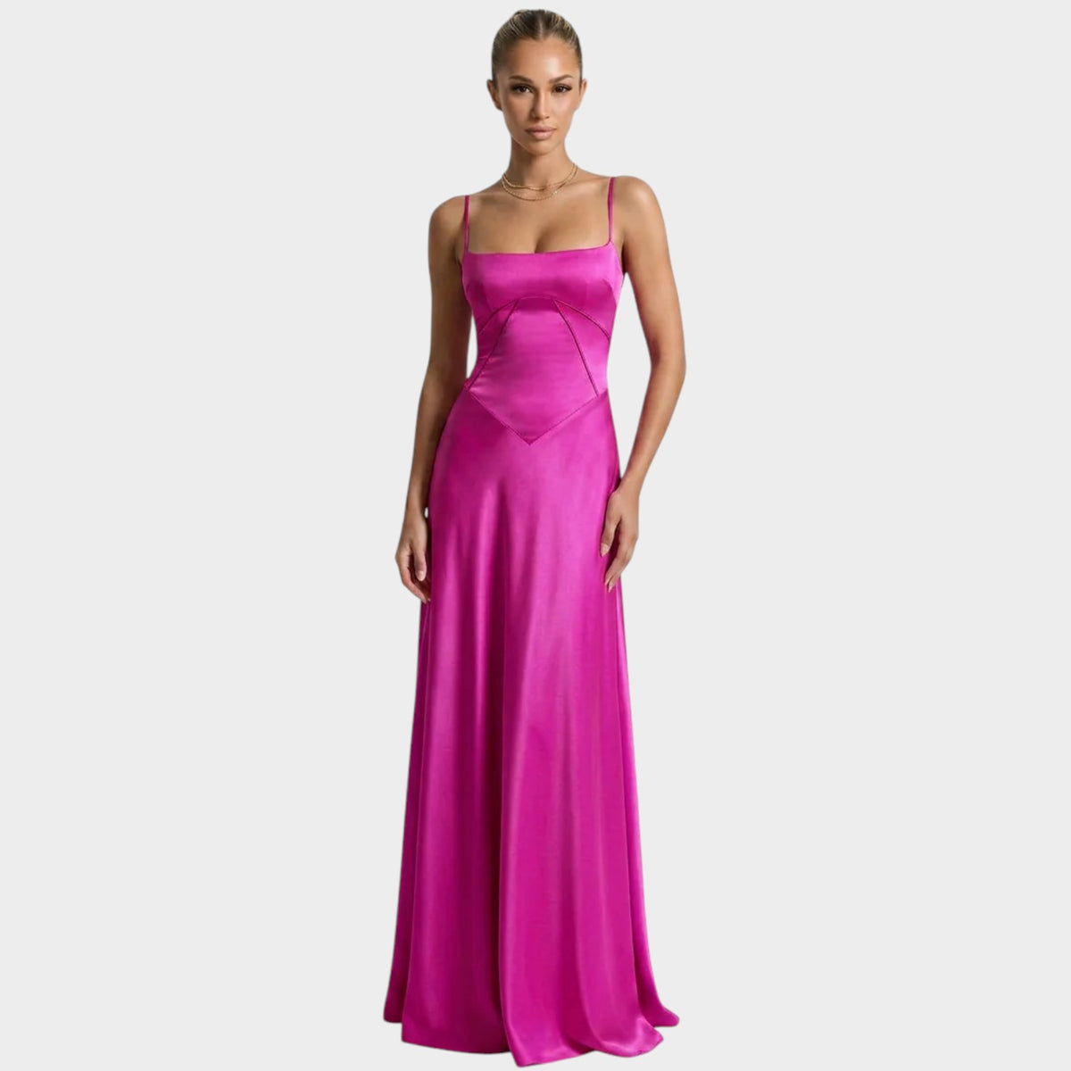 Women’s Satin Maxi Dress with Thin Straps Structured Bodice