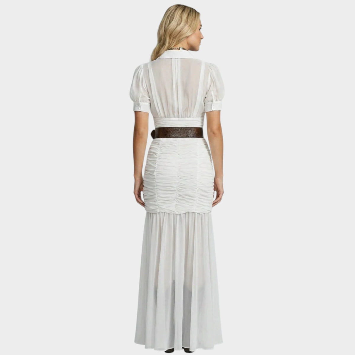 Women’s Chiffon Maxi Dress with Lapel Collar and Ruched Skirt