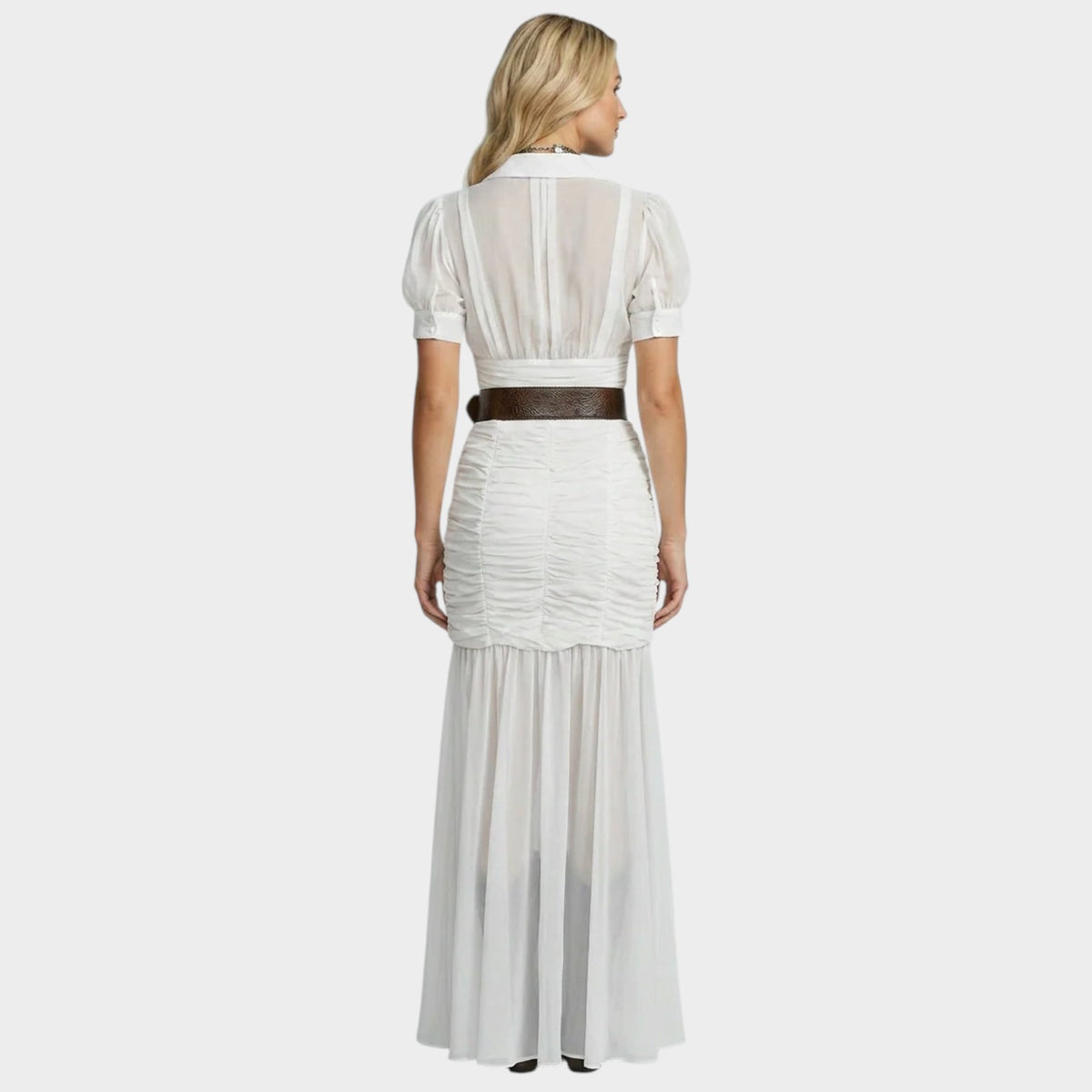 Women’s Sheer Maxi Dress with Puff Sleeves, Ruched Skirt and Thigh-High Split