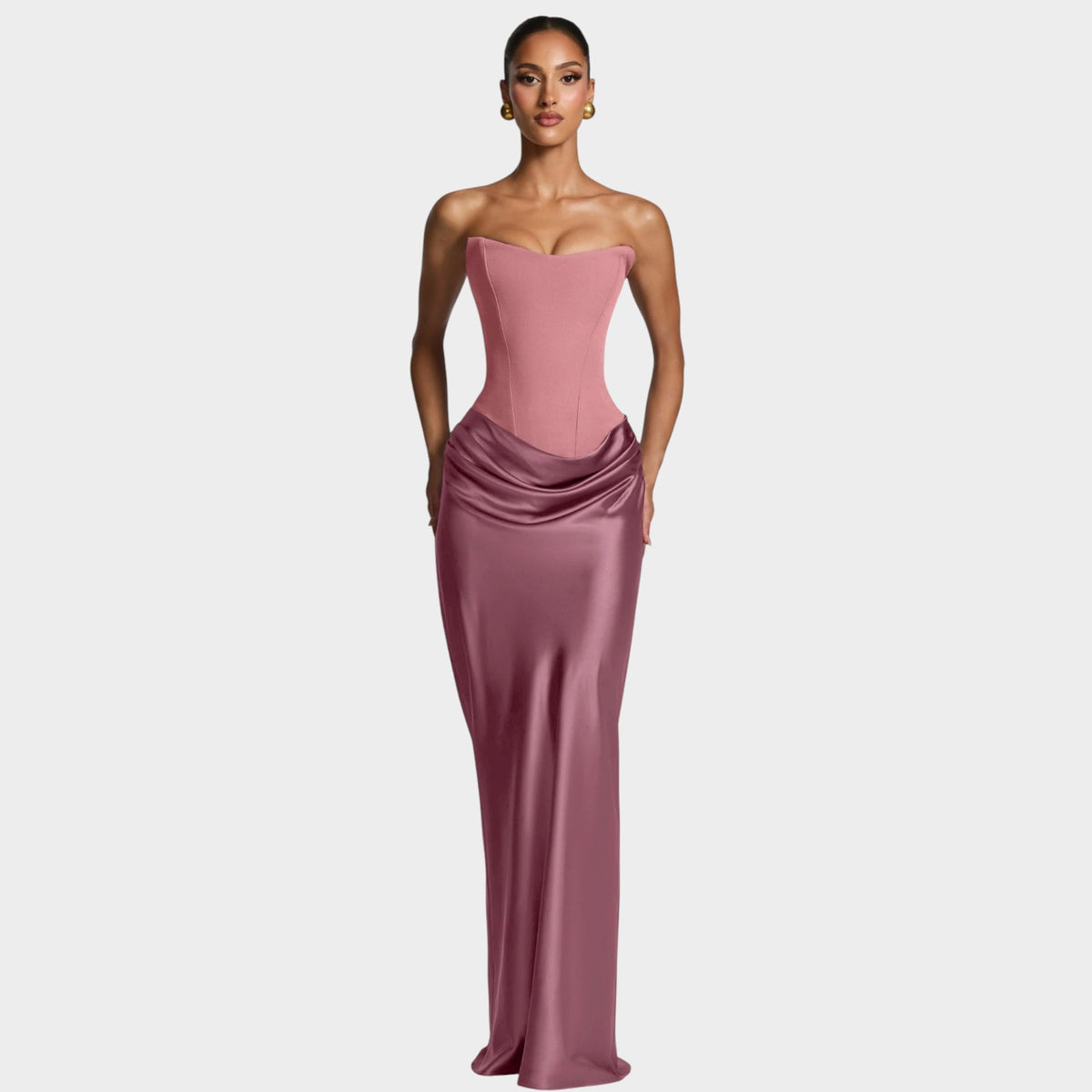Women’s Strapless Satin Maxi Dress with Structured Bodice and Draped Skirt