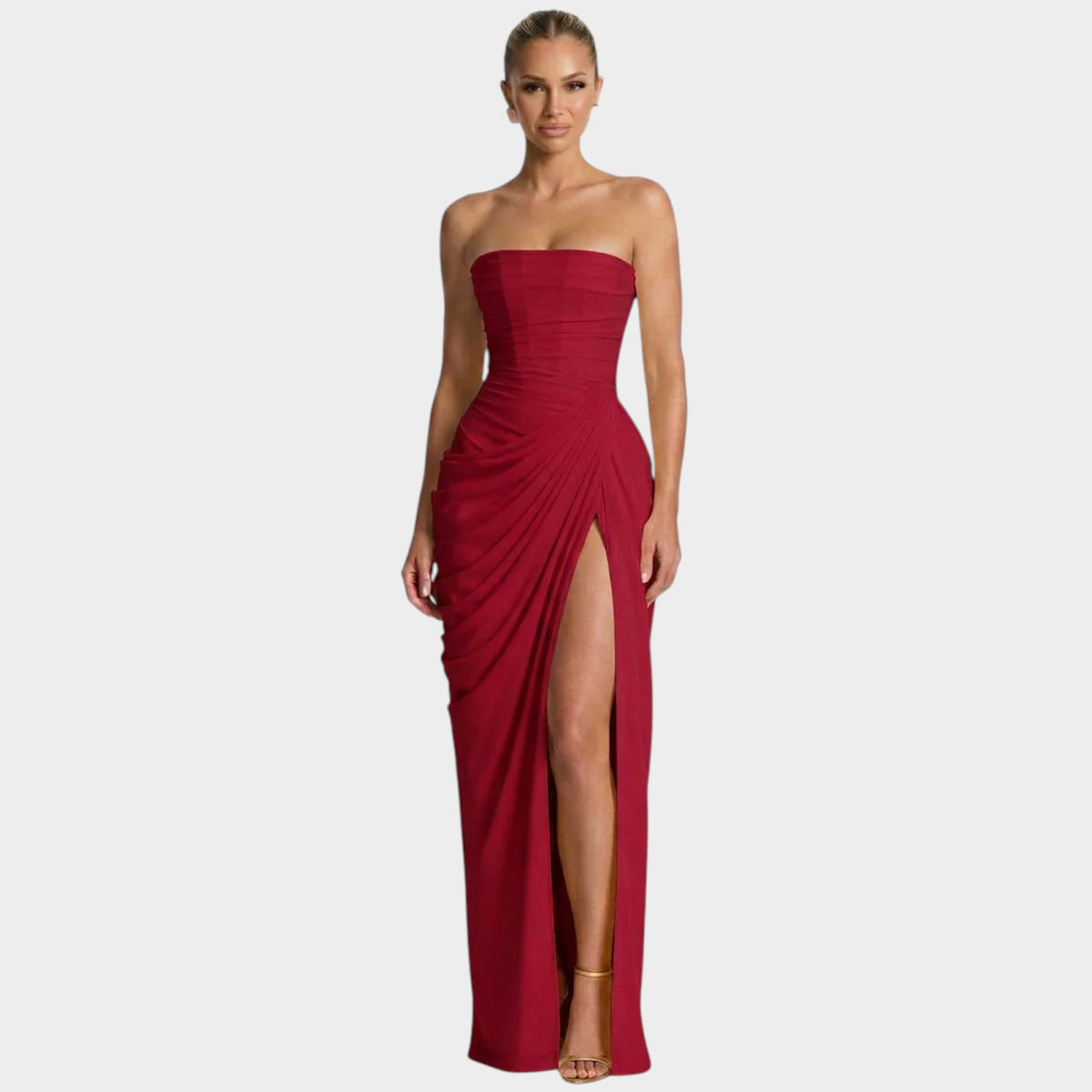 Women’s Strapless Maxi Dress with Gathered Bodice and Front Slit