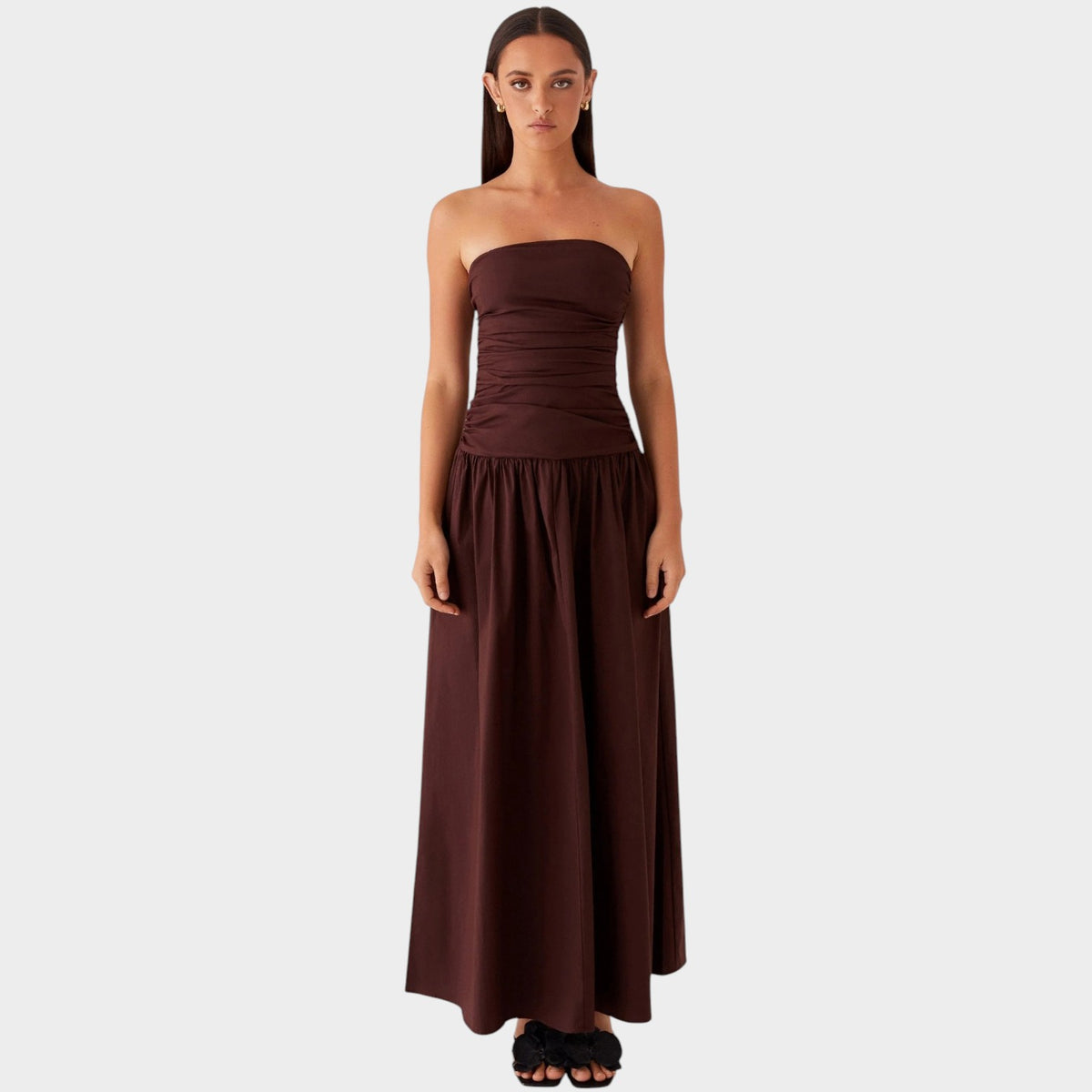 Women’s Strapless Maxi Dress with Ruched Bodice Flowing Skirt
