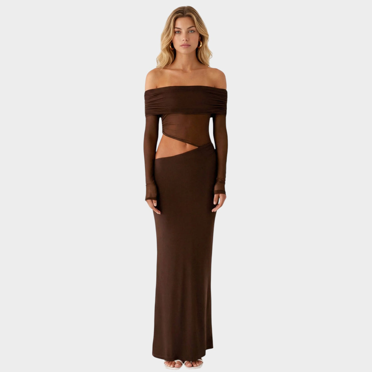 Women’s Off-Shoulder Maxi Dress with Sheer Long Sleeves and Side Cut-Outs
