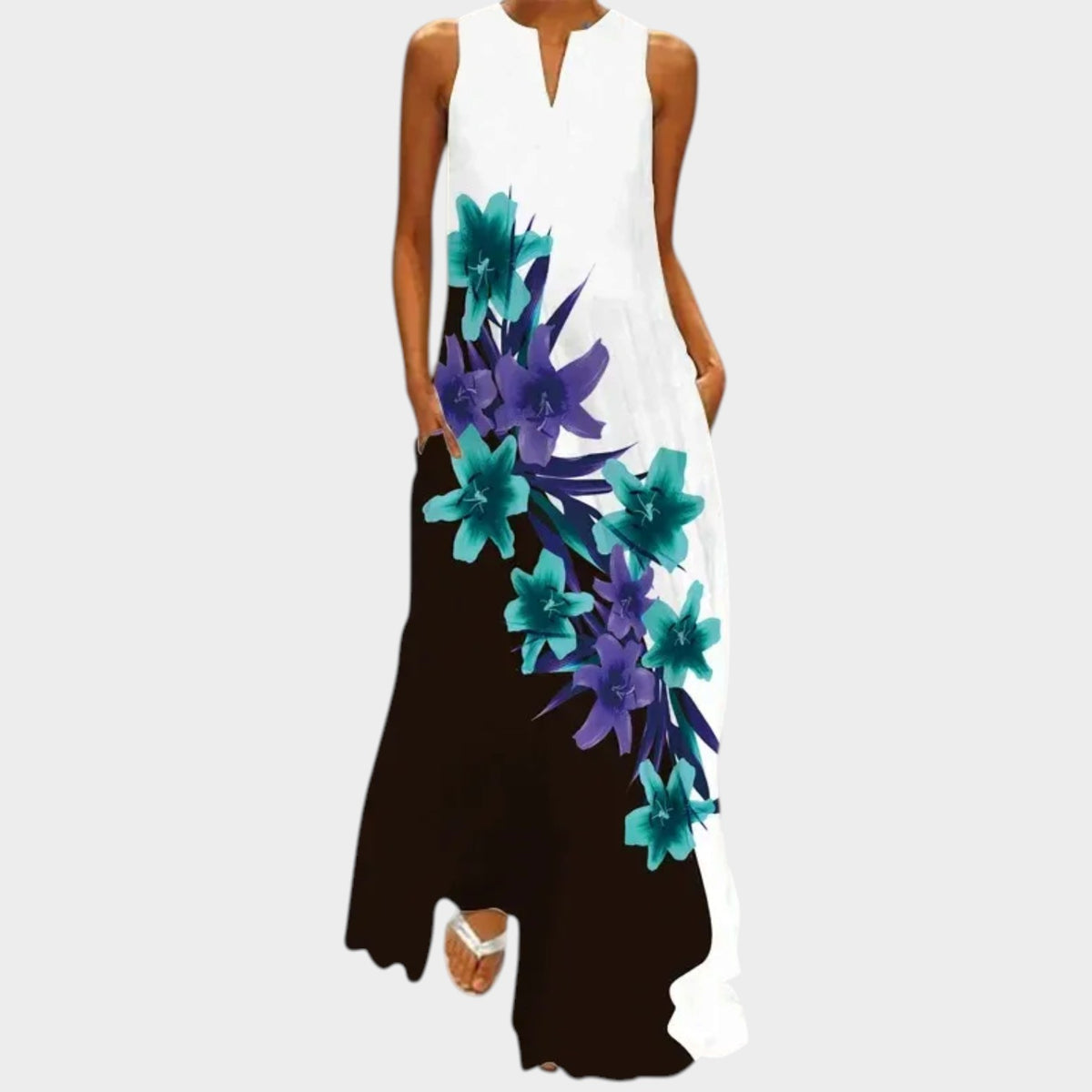 Women’s Sleeveless Maxi Dress with V-Neck, A-Line Fit and Printed Design