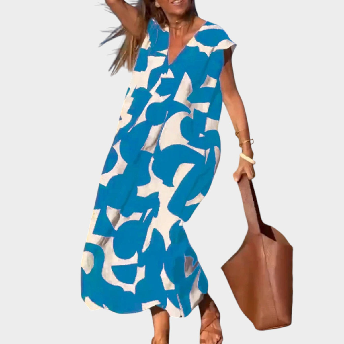 Women’s Abstract Print Maxi Dress with V-Neck and Short Sleeves
